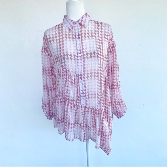 Topshop Pink Check Tiered Long Sleeve Asymmetrical Blouse Button Down Shirt - Picture 4 of 12